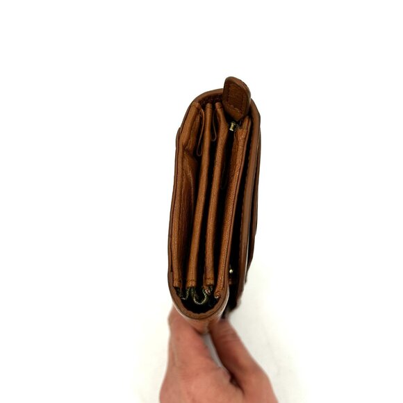 ORLA KIELY Brown Gold Leather Stem Snap Button Zip Pocket Long Wallet & Dust Bag - Picture 4 of 8